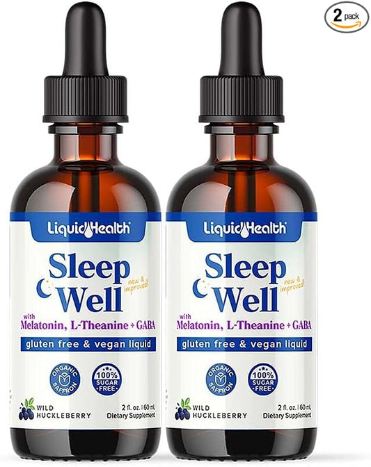 LIQUIDHEALTH Sleep Well Liquid Melatonin, L-Theanine Supplement Natural Sleep Aid, Fall Asleep Faster, Stay Asleep Longer - USA Made, Vegan, Sugar Free, Drug Free, Non-GMO Sleep Spray Drops (2 Pack)