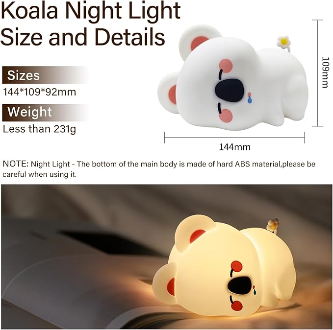 Cute Koala Night Light - Silicone 3-Level Dimmable Nursery Lamp with Timer, Rechargeable Touch Pat Light for Infants & Kids, Safe Breastfeeding Nightlight - Birthday & Baby Gift