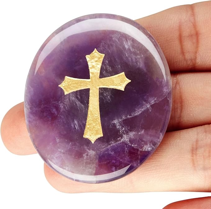 LAIDANLA Amethyst Cross Engraved Healing Crystal Worry Stones for Pray Faith Anxiety Relief Oval Palm Stone Polished Natural Crystal Gifts