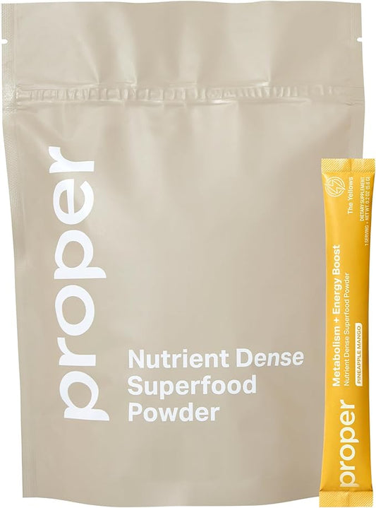 Proper, The Yellows Metabolism and Energy Boost, Sugar Free Energy Drink Powder with 100mg Caffeine. No Creatine or Beta-Alanine. 15 Servings, Pineapple Mango Drink Mix for Men and Women