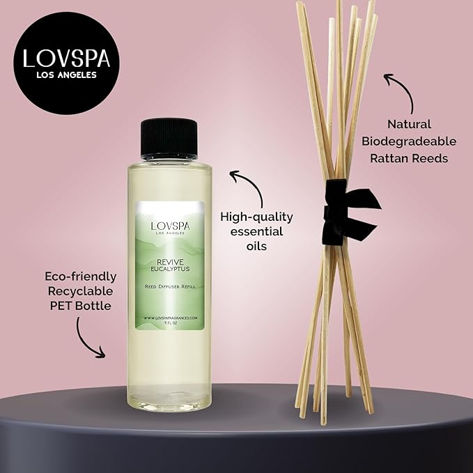 LOVSPA Revive Eucalyptus Diffuser Oil - Luxury Essential Oils for Diffuser Refill & Air Freshener Room Spray - Long-Lasting & Natural Home Fragrance, Scented Oil for Diffusers, USA Made, 4oz
