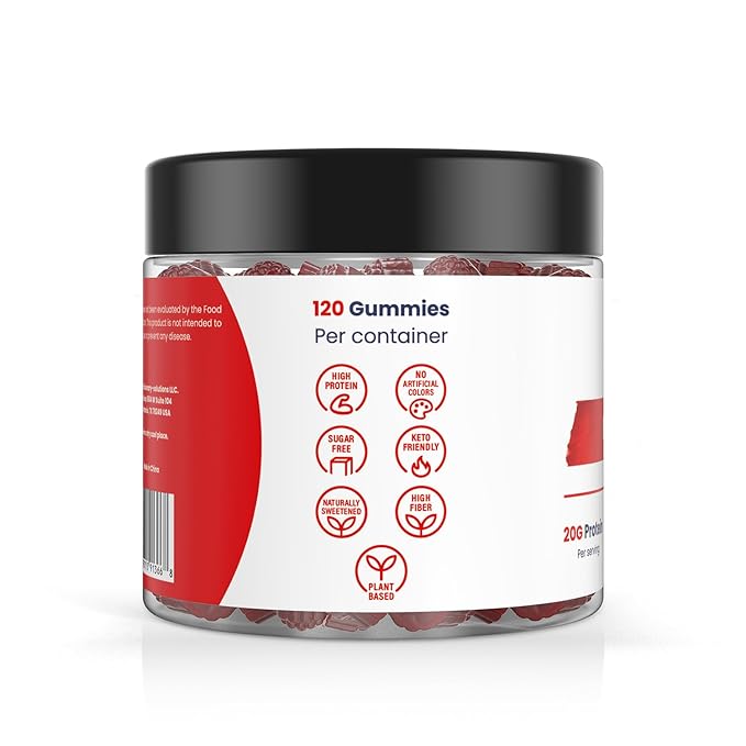 120 Sugar Free Protein Gummies with 20g per serving & High Fiber | High Protein Snacks| Healthy Snacks for Adults| Plant Based | Fiber Gummies for Adults| Low carb 1g Net Carb, Stevia, Natural Flavor.