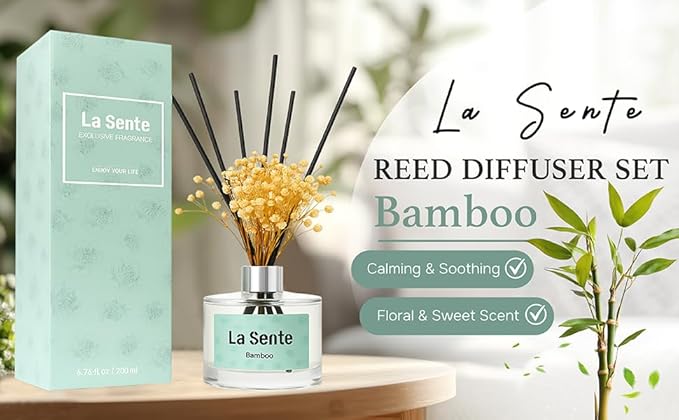 Reed Diffuser Set, Glass Bottle with Black Rattan Sticks, Dried White Flowers, 6.7fl oz, 200ml (Bamboo)