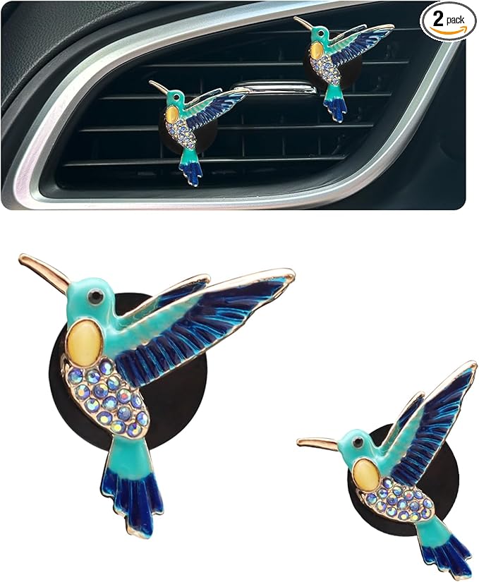 Hummingbird Air Vent Clip Car Air Freshener 2pcs Bird Bling Car Accessories Refillable Car Diffuser Outlet Clips for Women Teens,Cute Blue Car Decor
