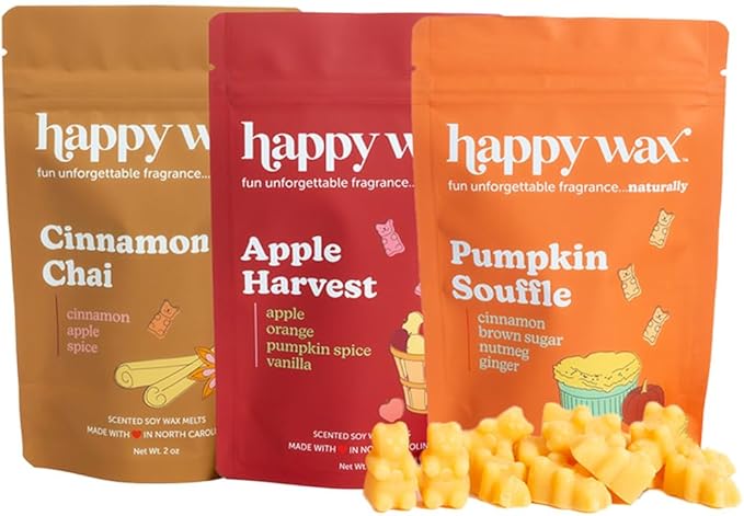 Happy Wax Savory Mix Premium Scented Natural, Non Toxic Soy Wax Melts – 6 Total Oz. of Scented Wax Melts. Includes: Cinnamon Chai, Apple Harvest, and Pumpkin Soufflé