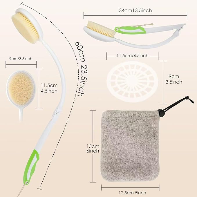 Back Scrubber Bath Brush for Shower Curved Long Handle, Foldable Handled Shower Body Brush Whith Absorbent Microfiber Bag Can Quickly Dry Your Back