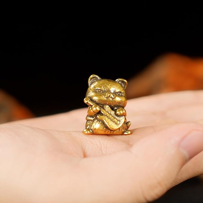 Fierce Rocker Cat Brass Statue - 100% Solid Handcast Guitar Player Sculpture, Vintage Music Lover Gift for Desk, Unique Collectible Animal Art, Handmade Heavy Metal Decor for Musicians & Cat Lovers