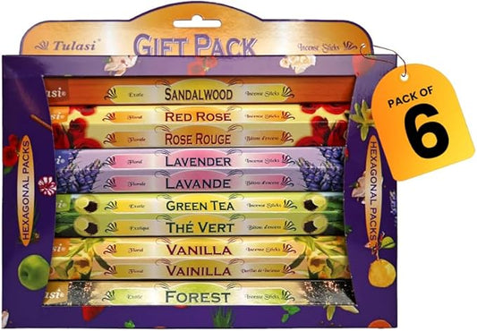 Tulasi Incense Sticks with Natural Oils Set of 6 Fragrances (120 Sticks) Hand Rolled Incense Sticks, Calming Home Aromatherapy, Meditation, Relaxing, Mixed Scents with Natural Oils, Thanks Giving