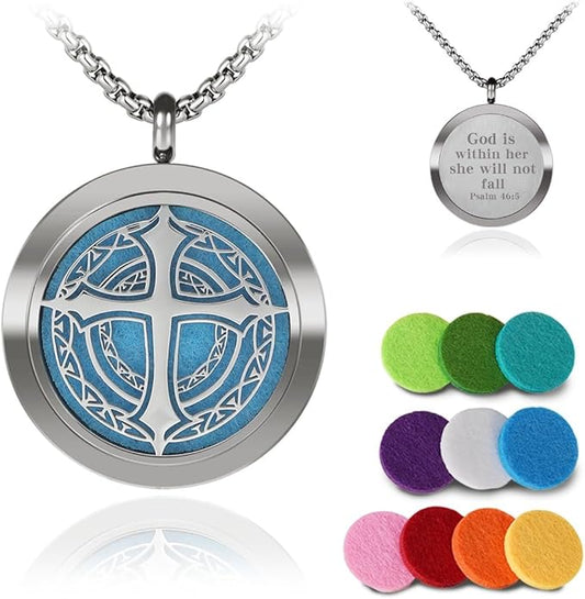 Aromatherapy Diffuser Necklace-Cross Essential Oil Necklace,Aromatherapy Diffuser Pendant for Men and Women,Portable,Suitable for Yoga,Meditation,Travel,Stress Relief Gift(Silver 30mm)