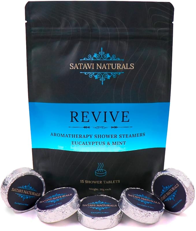 Aromatherapy Shower Steamers (15-Pack) Revive - Eucalyptus & Mint Scented Vapor Tabs for Self-Care, Aromatic Shower Bath Bombs, Natural Essential Oils for Women & Men