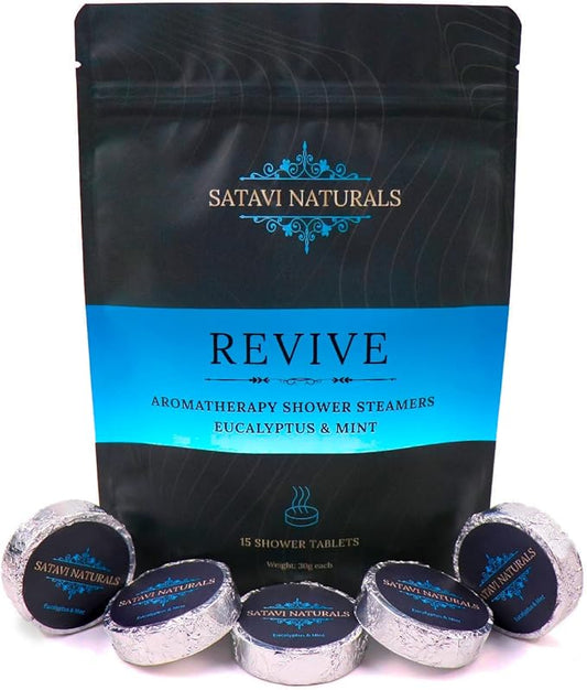 Aromatherapy Shower Steamers (15-Pack) Revive - Eucalyptus & Mint Scented Vapor Tabs for Self-Care, Aromatic Shower Bath Bombs, Natural Essential Oils for Women & Men