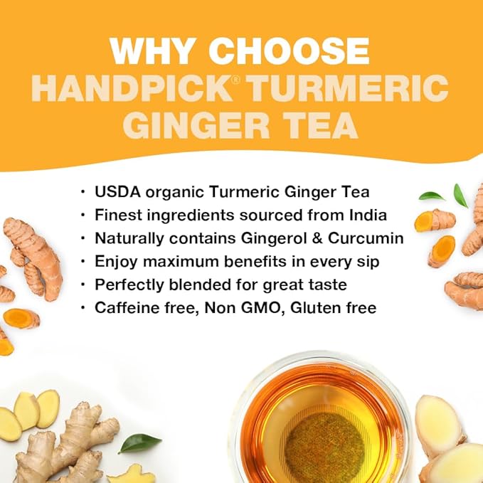 HANDPICK, Organic Turmeric Ginger Tea (100 Tea Bags) | Authentic Indian Origin | Caffeine Free, Gluten Free, Non-GMO | 100% Pure Herbal Blend - Savory & Spicy I Ecofriendly round tea bags