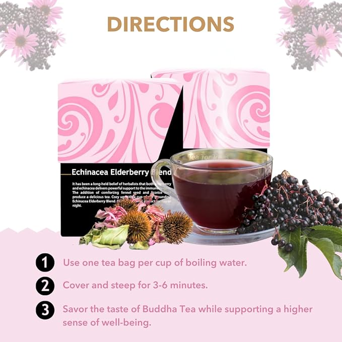 Buddha Teas - Organic Echinacea Elderberry Blend - Herbal Tea - For Health & Wellbeing - With Antioxidants & Minerals - Clean Ingredients - No Caffeine - OU Kosher & Non-GMO - 18 Tea Bags (Pack of 1)