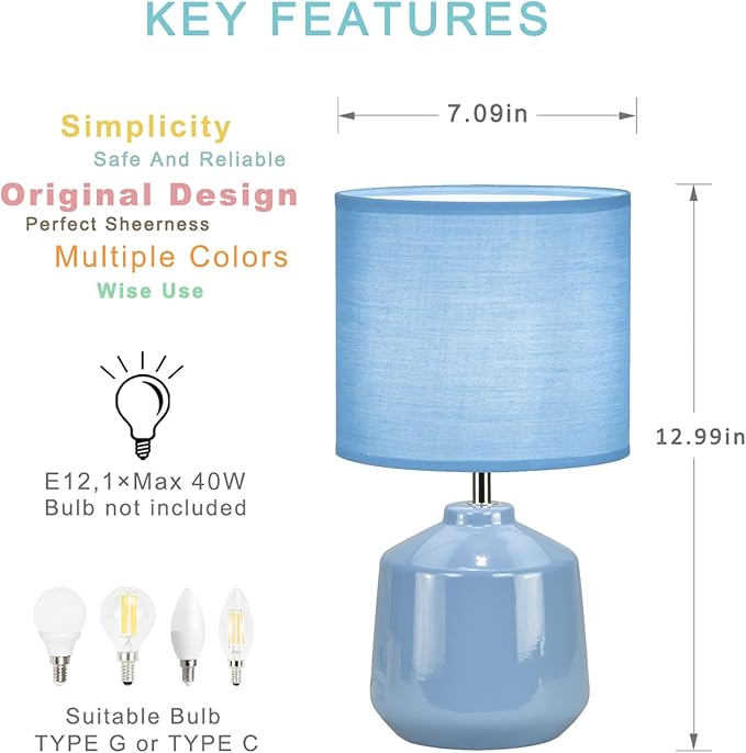 Lampwell Lena Modern Ceramic Bedside Lamp for Living Room & Bedroom, Kids Night Light, 7.09H12.99IN, Light Blue