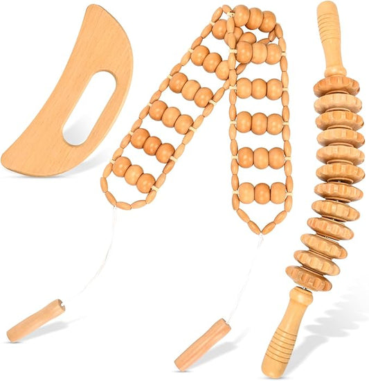 3-in-1 Wood Therapy Massage Tools Lymphatic Drainage Massager Maderoterapia Kit Wooden Gua Sha Massager Body Sculpting Tools for Muscle Pain Relief, Anti-Cellulite, Body Contouring and Shaping