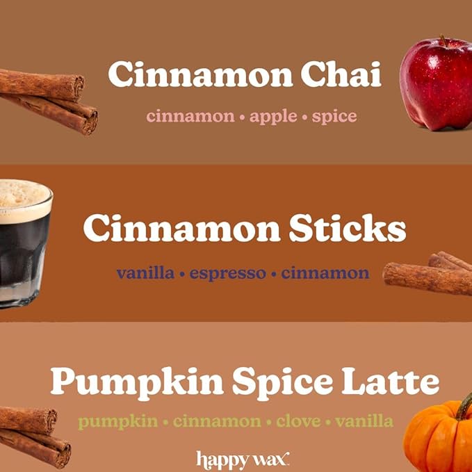 Happy Wax Cinnamon Collection Scented Natural Soy Wax Melts – 6 Total Oz. of Scented Wax Melts, Collection Includes Cinnamon Sticks, Pumpkin Spice Latte and Cinnamon Chai