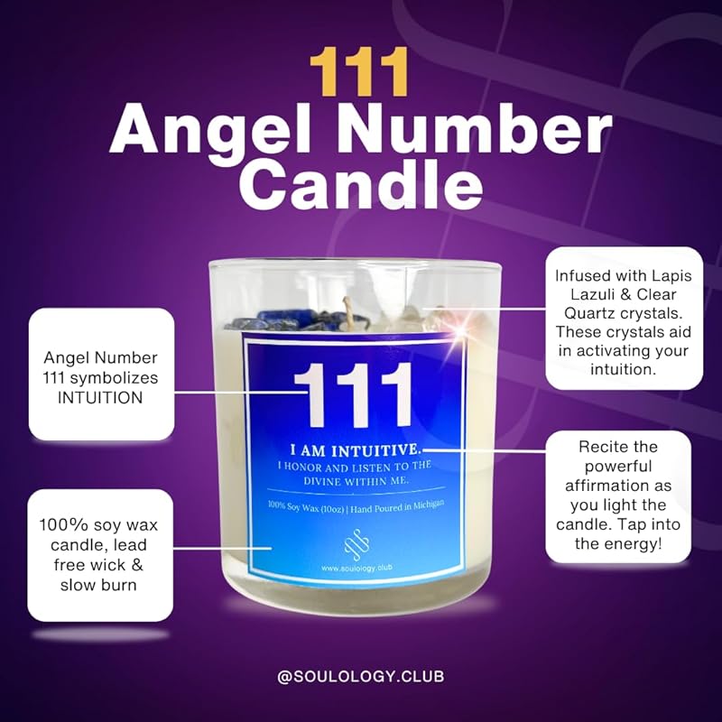 111 Angel Number Affirmation Scented candles 10oz,crystal candle with 100% Soy Wax & Phthalate-Free Fragrance candles, Gifts candles for women, candles for men, Manifestation Candle