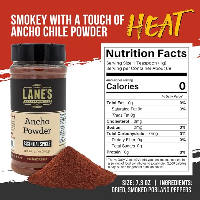 Lane's Ancho Chile Powder, All-Natural Ancho Chili Powder Spice with Sweet & Smoky Flavor, Ideal for Mexican Dishes & Homemade Chili, No Preservatives, Made in USA, 7.3 oz