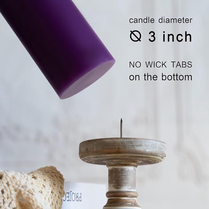 MOZEAL 3" x 6" Hand-Poured Unscented Candle,Dripless Pillar Candle Set of 3,Long Lasting Burning,Approx 120 Hours Burn Time,Rustic Country Style,for Wedding,Dinner,Christmas and Home Decor,Purple