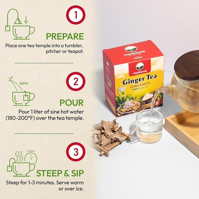 VietGlowie 30 Ginger Pyramid Tea Bags, 3.5g/bag to 33oz, Ginger Root Herbal Tea, Warm & Spicy, Support Digestion, Boost Immunity, 100% Natural, No Caffeine, Corn-Based Tea Bags