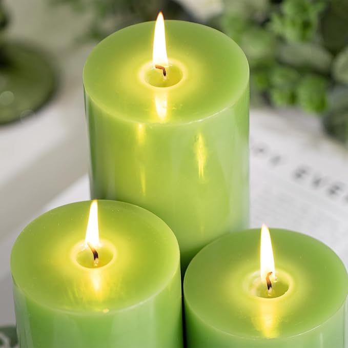 KONNI Green Pillar Candles Set of 3, 3"x 6" Unscented Pillar Candles Bulk, 56 Hours Long Burning Candles, Smokeless&Dripless Large Round Candle for Wedding, Home Decoration, Parties, Spas, Dinner
