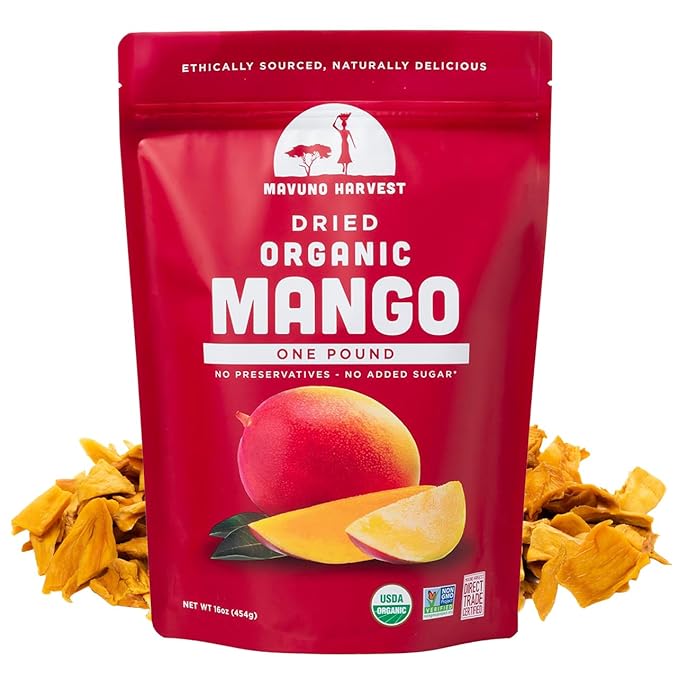 Mavuno Harvest Mango Dried Fruit Snacks | Unsweetened Organic Dried Mango Slices | Gluten Free Healthy Snacks for Kids and Adults | Vegan, Non GMO, Direct Trade | 1 Pound Resealable Bag