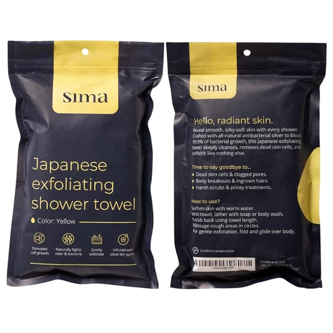 Exfoliating Washcloth Face & Body Scrub Towel - Japanese Exfoliating Towel with Hexagon Fibers, Body Scrubber with 2 Sides for Scrubbing & Washing, Extra Long Body Towel (Yellow)