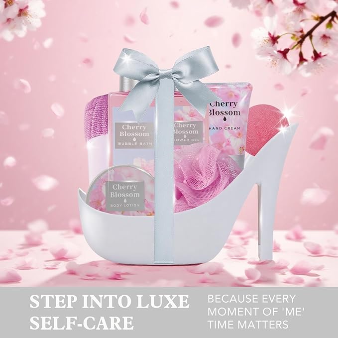 Cherry Blossom Gifts for Women Spa Basket, High Heel Bath Set with Shower Gel & Bath Bombs, Mother's Day Birthday, Anniversary Gifts for Mom, Sister, Bestie