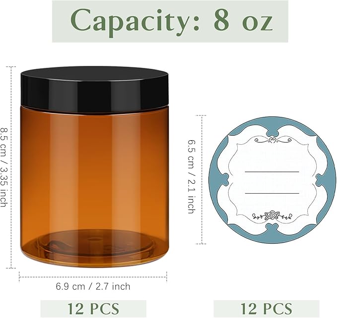 Qeirudu 8 oz Amber Plastic Jars with Lids and Labels, 12 Pack Empty Brown Body Butter Containers for Body Scrub, Cosmetic Beauty Products, Creams and Lotion