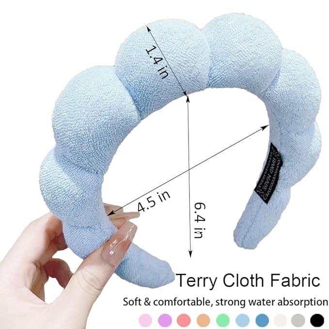Spa Headbands for Washing Face or Makeup, Sponge Bubble Skincare Headbands, Puffy Terry Cloth Hairband for Women, Skin Care Makeup Headwear Hair Accessories for Girls(Blue)