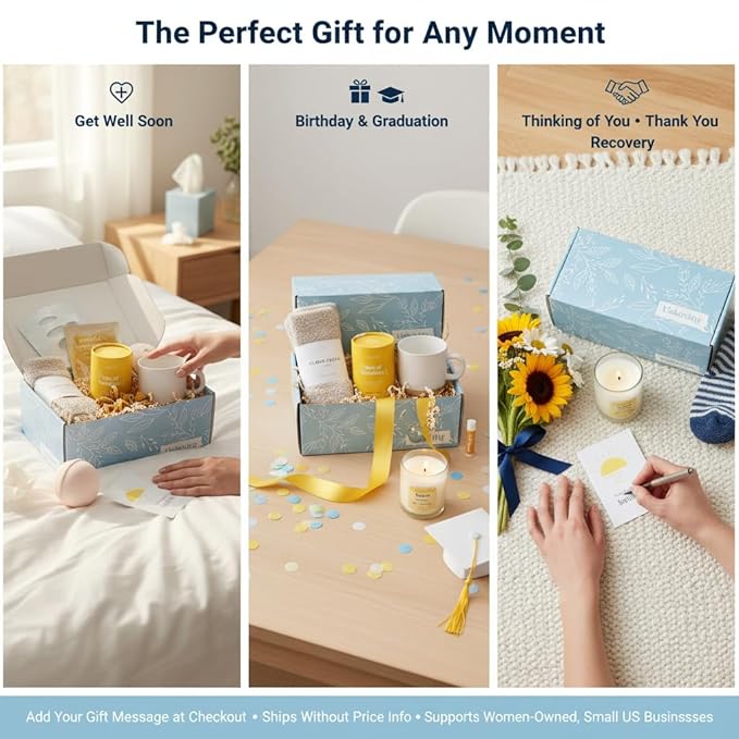 Unboxme Sunshine Care Package for Women, Spa Gift Basket with Tea, Mug, Bath Bomb, Candle, Cozy Socks, Thinking of You, Get Well, Birthday