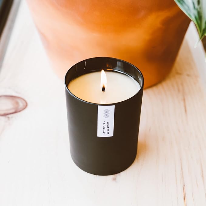 Calyan Wax Co. Soy Wax Candle, Lavender + Bergamot Scented Candle, 75 Hour Burn Time, Aromatherapy Soy Candles, Non Toxic & Vegan Soy Wax, Black Tumbler Scented Candles, 10.2oz