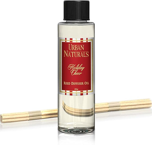 Urban Naturals Reed Diffuser Oil Refill, Holiday Cheer Diffuser Oil with Cranberry, Cinnamon, Evergreen, 4 oz + Free Reed Sticks, Made in The USA