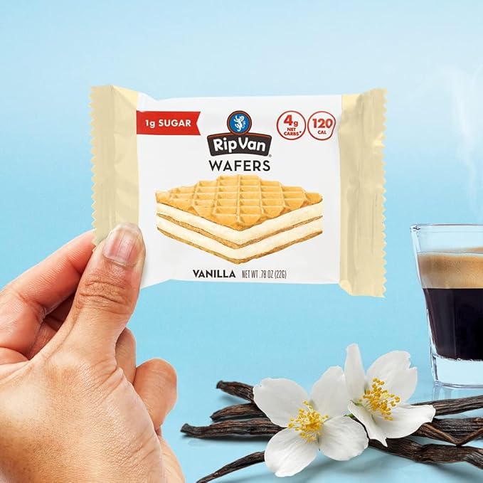 Rip Van Vanilla Keto Wafer Cookies, Healthy Vegan Snack, Non GMO, Low Carb, Low Sugar (1g), Low Calorie, 16 Count
