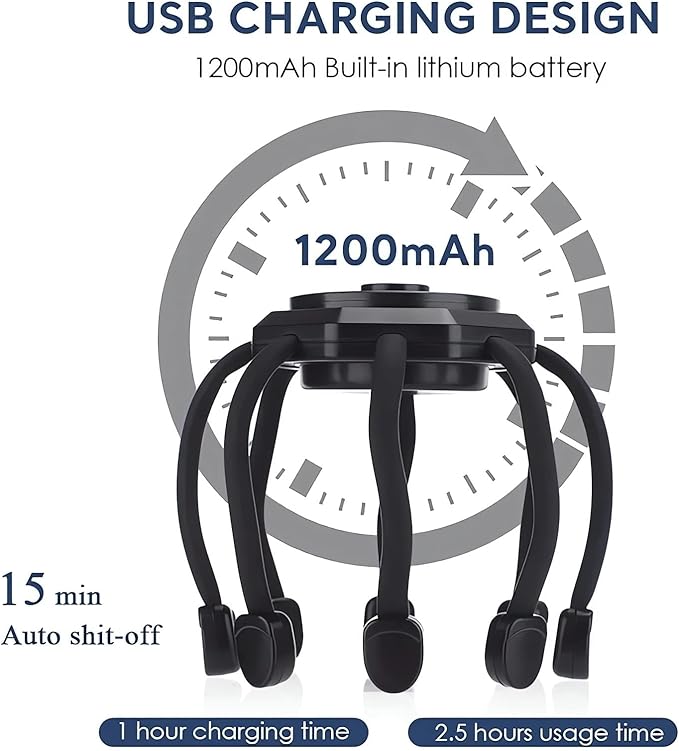 2024 New Scalp Massager, Electric Scalp & Head Stress Relax, 360 Cordless Vibrating Massager - 8 Contacts, 3 Modes (Black)