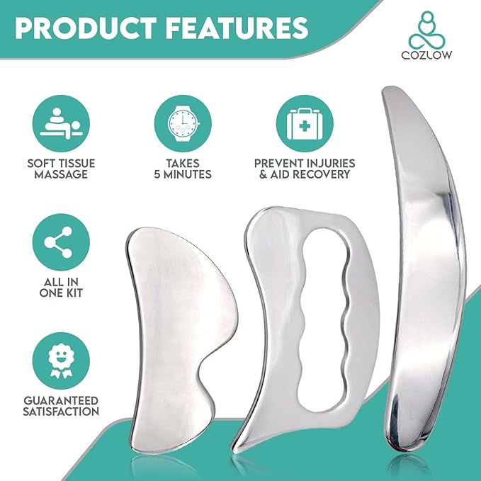 COZLOW 3-in-1 Muscle Scraper Tool Set - Skin Scraping Massage Tools for IASTM Therapy - Deep Tissue Gua Sha for Soft Tissue Mobilization, Fascia & Myofascial Release - Stainless Steel Metal Blades