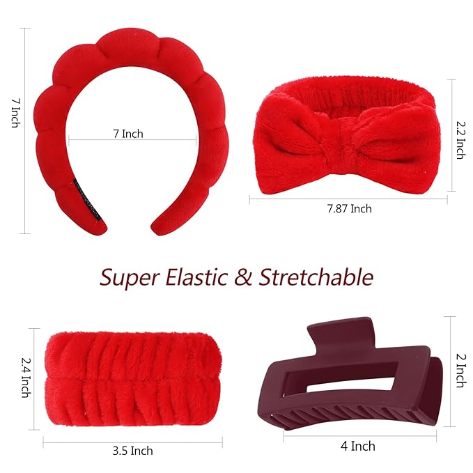 VELSCRUN Spa Headbands for Wash Face, Makeup Headband, Facial Skincare Headbands, 5 Pcs Red Puffy Sponge Spa Headband Bow Tie Hair Band Hair Clips Wristband Set Women Girls Accessories