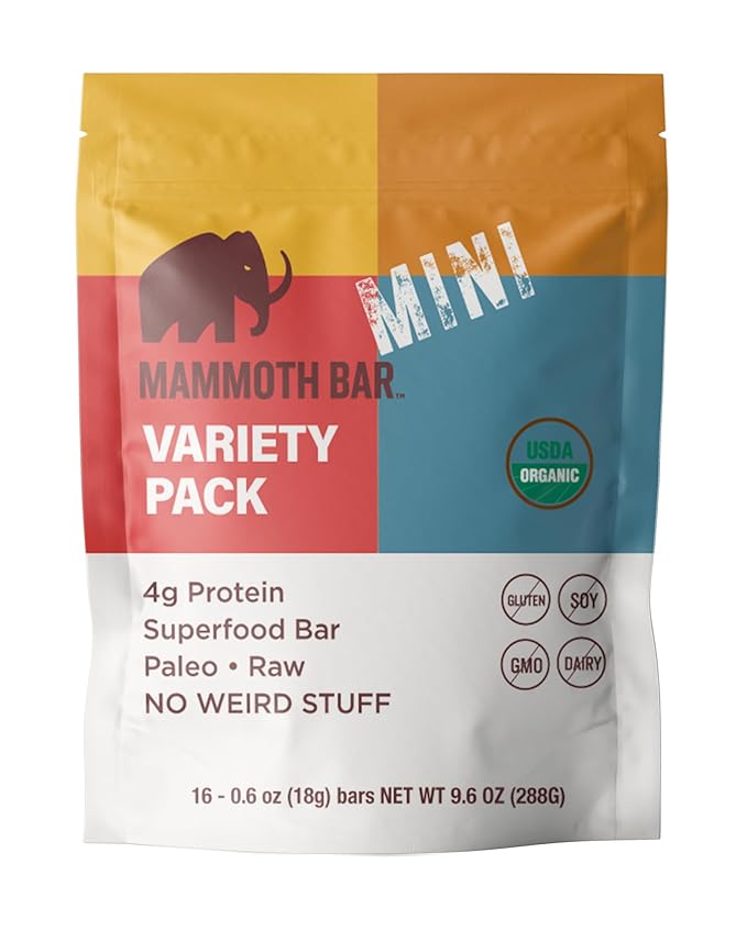 Mammoth Bar Mini - Variety Pack of our Mini Organic Protein Bars – Made with Premium Nuts & Egg White Protein • Organic • Paleo • Gluten Free • GMO Free • Raw - 16 Mini Bars