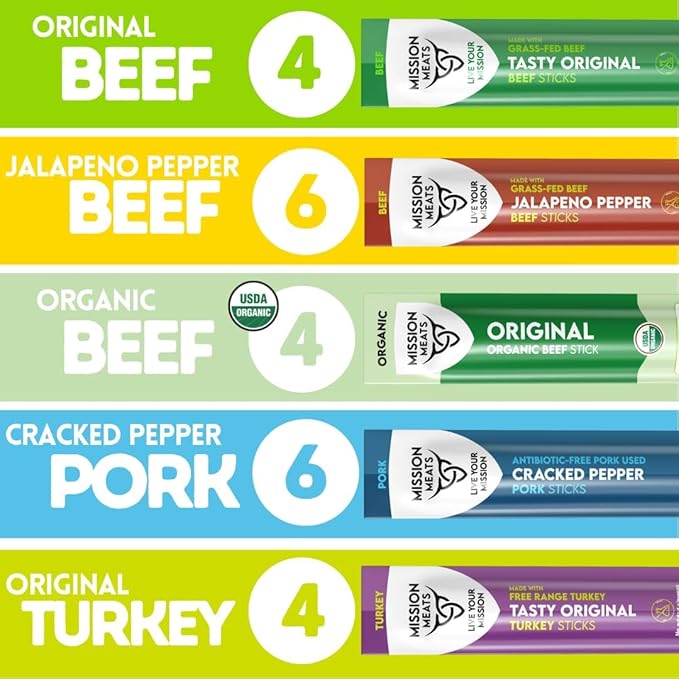 Mission Meats Variety Pack with Certified Organic Beef, Grass Fed, Free Range Turkey, and Cracked Pepper Pork – Gluten & Sugar Free, Whole 30 & Paleo Friendly, Delicious and Family Friendly (24 Count)