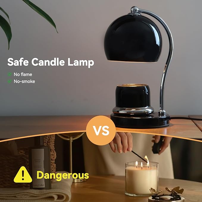 Ceramic Dimmable Candle Warmer Lamp with Timer Fit for Medium Size Candle Jars, Aesthetic Design with 2 Bulbs, House Warming Gifts, New Home Decor, Mother's Day, Birthday Gifts (Black)