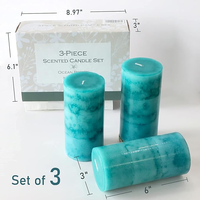 Pillar Candles Ocean Breeze Scented 3x6 inch Long-Lasting Clean Burning Candle 3 Pack Teal Turquoise Candles Coastal Themed Ocean Marine Rustic Decor for Home Bathroom Wedding