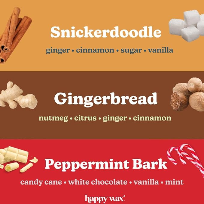 Happy Wax Holiday Treats Collection Scented Natural Soy Wax Melts – 6 Total Oz. of Scented Wax Melts, Collection Includes Peppermint Bark, Gingerbread, and Snickerdoodle