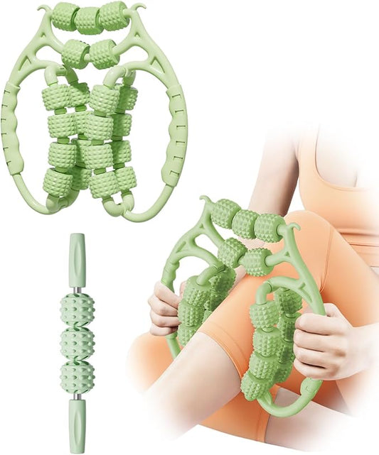 Massage Roller for Legs,21 Wheel Circular Leg Clamp+3 Wheel Massage Roller Stick Lymphatic Massage for Relieve Soreness Stiffness Tight Muscles Deep Tissue-Green