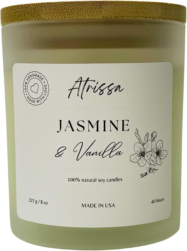 Jasmine Vanilla 8 OZ Handmade Scented Soy Wax Candle, Floral, Sweet, Elegant, Romantic Candle, Non-Toxic Made in The USA Candle for Her or Home (8 Oz, Jasmine Vanilla)