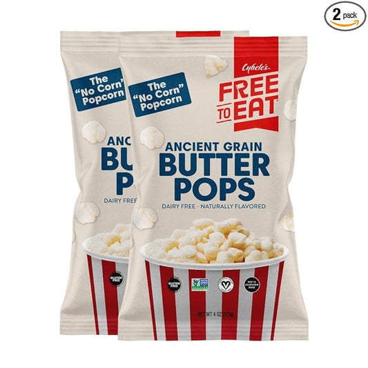 Cybele's Free-to-Eat Ancient Grain Pops - Healthy Snacks, All Natural, Gluten-Free, Vegan, No Preservatives or Additives (Butter Pops 4oz, Pack of 2)