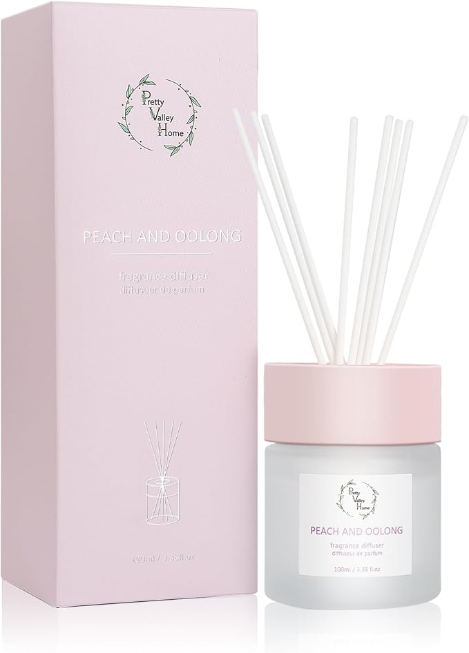 Reed Diffuser Set, Pretty Valley Home Diffuser 100Ml / 3.38fl OZ Gift Box - Includes Reed Diffuser Sticks, Fragrance Oil, and Glass Bottle for Bathroom Office Living Room Decor (White Peach & Oolong)