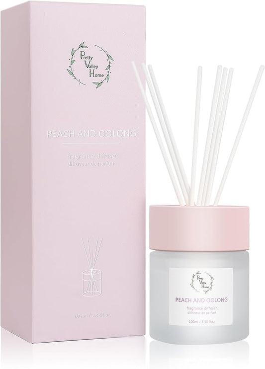 Reed Diffuser Set, Pretty Valley Home Diffuser 100Ml / 3.38fl OZ Gift Box - Includes Reed Diffuser Sticks, Fragrance Oil, and Glass Bottle for Bathroom Office Living Room Decor (White Peach & Oolong)