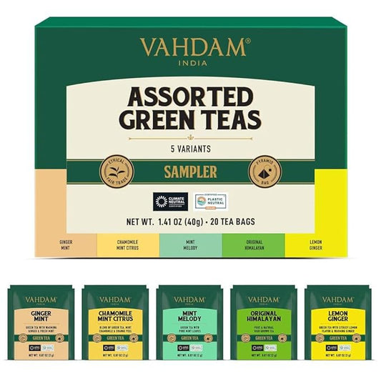 VAHDAM, Assorted Green Tea Bags Sampler (5 Flavors, 20 Ecofriendly Pyramid Tea bags) I Gift Ideas for Women & Men | Himalayan Green Tea Varieties | Gluten Free & Non GMO | Gift Ideas for Him/Her