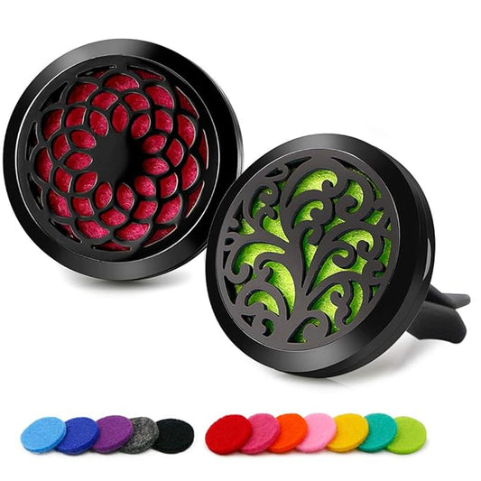 2PCS 30mm Car Aromatherapy Essential Oil Diffuser Stainless Steel Black Locket with Vent Clip 12 Felt Pads