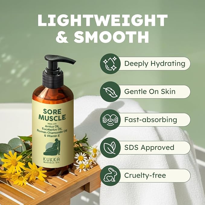 KUKKA Sore Massage Oil for Massage Therapy & Sore Muscles - 6.76 Fl Oz - Non-Greasy Oil for Deep Relaxation & All Skin Types - Suitable for Men & Women